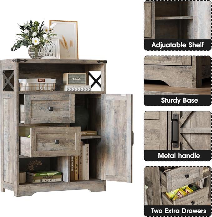 Fameill Farmhouse Storage Cabinet with 2 Drawers & Shelves,Freestanding Kitchen Cabinet with Doors,Floor Storage Organization for Living Room,Bathroom,Laundry,Grey - NeatNest