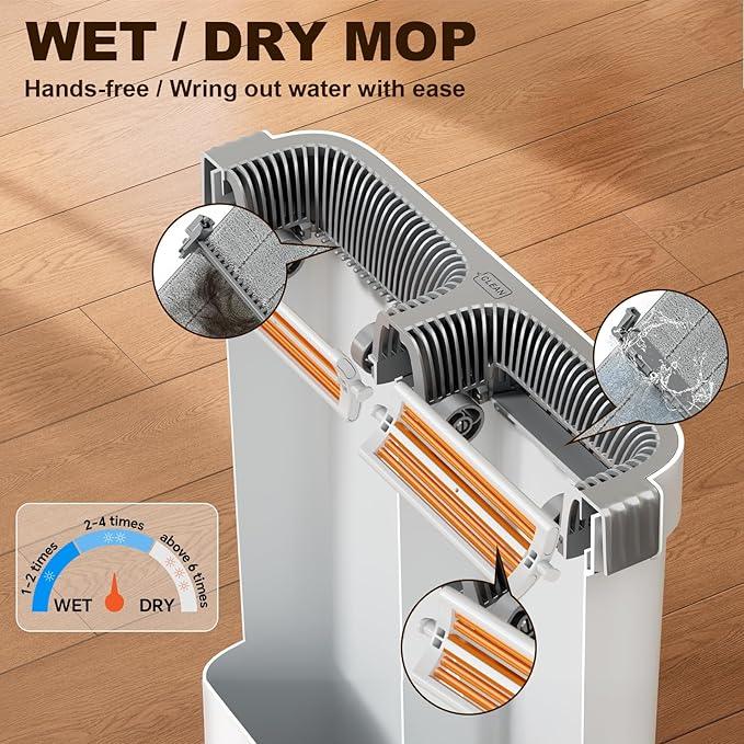 Flat Mop and Bucket System - Mop and Bucket with Wringer Set for Home | Wet Dry Mop for Apartment, Tiny Home, Windows, Wall, Hardwood Floor, RV with 6 Reusable Microfiber Cloth - NeatNest