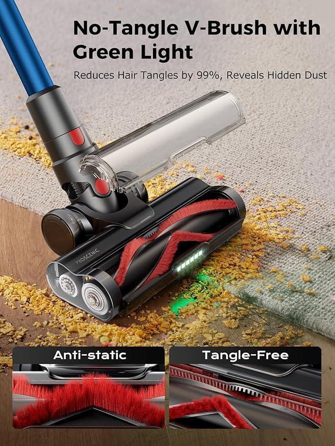 Proscenic Cordless Vacuum Cleaner, 45Kpa 55Mins Runtime, 180°Bendable Wand, Vacuum Cleaners for Home with Green Light, Anti-Tangle Brush, Rechargeable Lightweight Stick Vacuum for Pet Hair, P16(Blue) - NeatNest