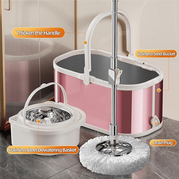 Spin Mop and Bucket with Wringer Set for Home,360° Mop and Bucket with Separate Clean and Dirty Water,Wet Dust Mop for Floor Cleaning with Extra Refills (Pink) - NeatNest