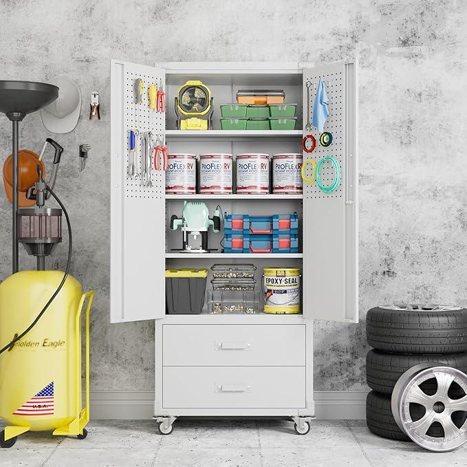 SUXXAN Rolling Storage Cabinet with 2 Doors and 2 Drawers, Heavy Duty Metal Storage Cabinet with Shelves, Locking Steel Cabinet for Warehouse, Home, Office (White) - NeatNest