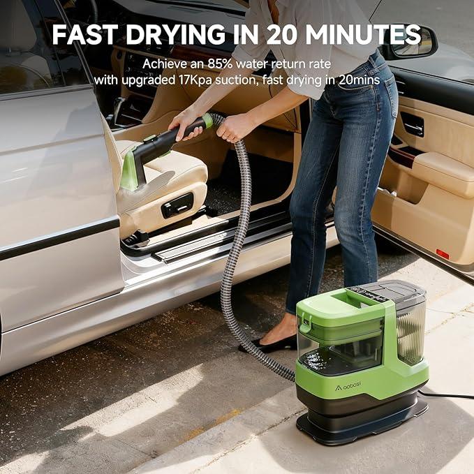 AAOBOSI Portable Carpet Cleaner Machine, 17Kpa Upholstery Steam Cleaner with Smart Voice Prompting, Self-cleaning, 4 Tools for Pets, Car, Couch and Stairs- C688, Green - NeatNest