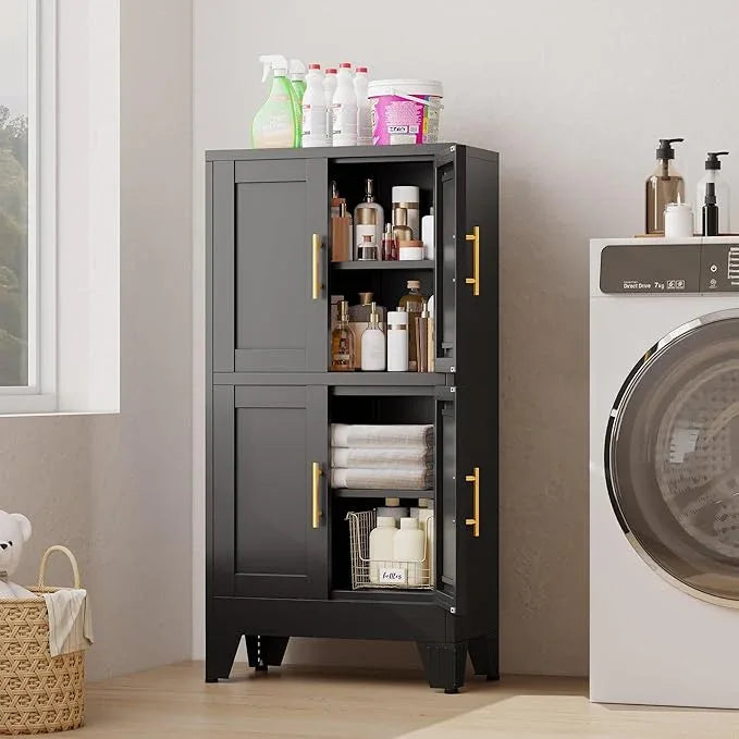 47“H Black Metal Bathroom Storage Cabinet, Kitchen Pantry Cabinet with Doors and 3 Adjustable Shelves, Bathroom cabinets Organizer, for Home Office, Bedroom - NeatNest