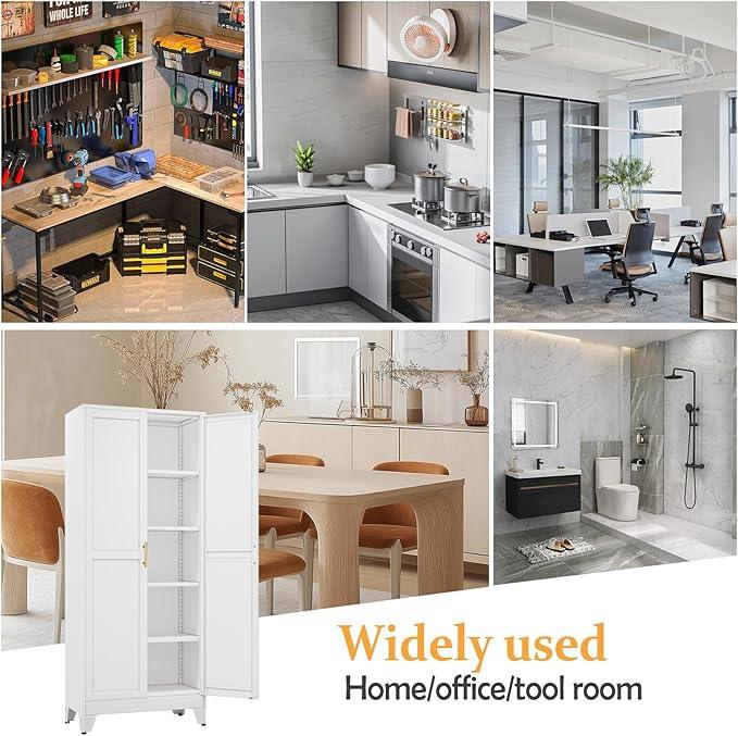 White Pantry Storage Cabinet,71" Kitchen Pantry with Doors and 4 Adjustable Shelves, Metal Storage Cabinet, for Office, Home, Garage, School - NeatNest