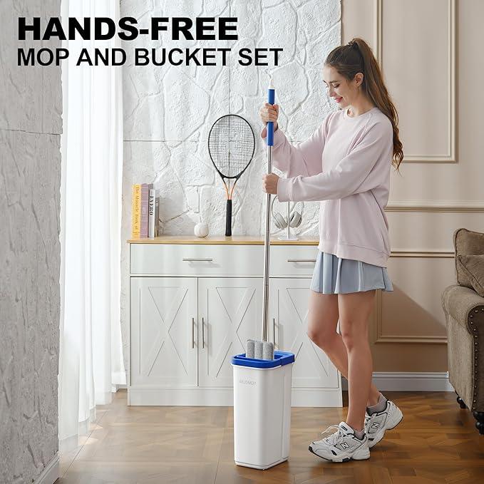 Mop and Bucket Set with Wringer, Squeeze Wall Mop Cleaner with Long Handle, Flat Mop and Bucket System, Dry & Wet Dust Mops for Household Floor Cleaning with 3 Microfiber Mops, Slate Blue - NeatNest