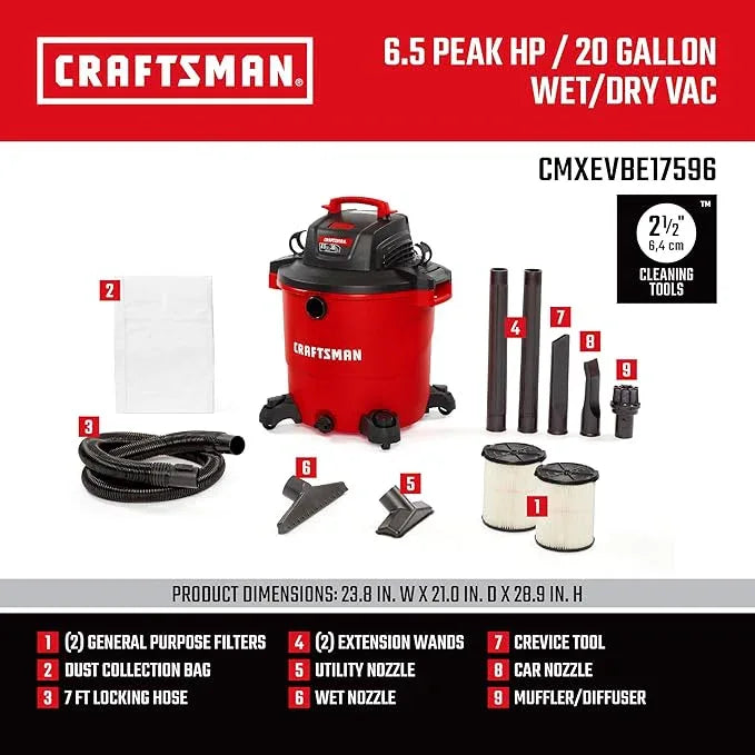 CRAFTSMAN CMXEVBE17596 20 Gallon 6.5 Peak HP Wet/Dry Vac, Heavy-Duty Shop Vacuum with Attachments and Additional General Purpose Filter - NeatNest