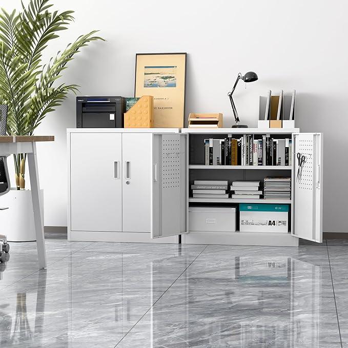 SUXXAN Metal Storage Cabinet with Pegboard 31.5'' x 31.5'' x 16.5'',Lockable Rolling Steel Storage Cabinet with 5 Adjustable Shelves and Door for Garage, Office, Kitchen, Assembly Required(White) - NeatNest