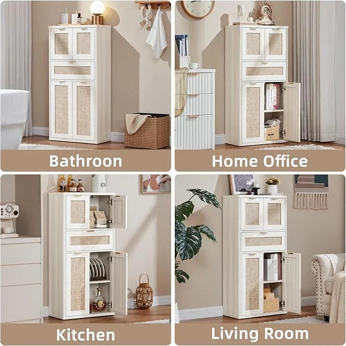 LEYAOYAO 48" Tall Storage Cabinet,Rattan Bathroom Floor Cabinets with 2 Doors & 1Drawer,Boho Kitchen Pantry with Adjustable Shelves,Wooden Cupboard for Living Room,Home Office,Dining,White Cream Oak - NeatNest