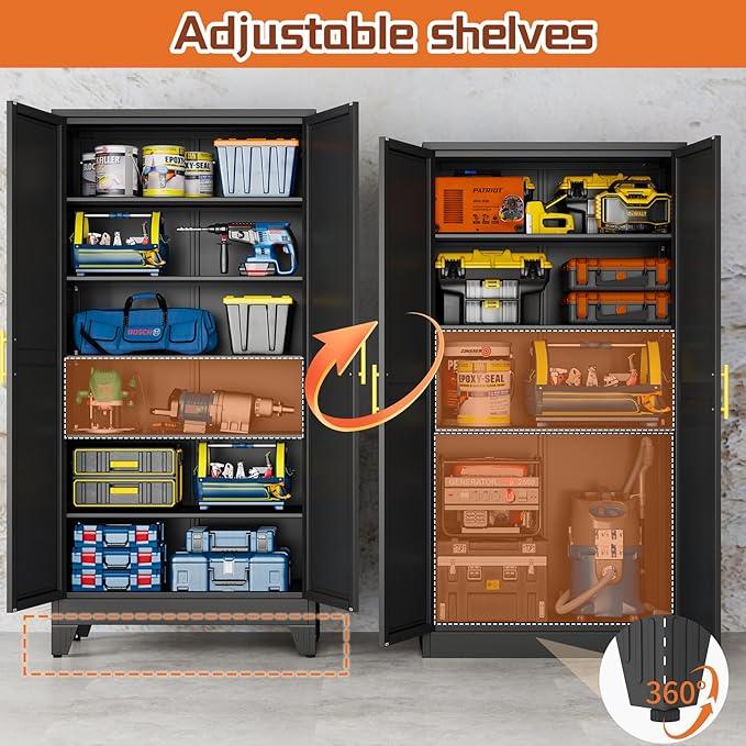 Black Metal Storage Cabinet,75" Steel Cabinets for Home Office, Kitchen Pantry Storage Cabinet with Doors and 5 Adjustable Shelves, Tool Cabinets, for Office, Home, Garage, School, 36W - NeatNest