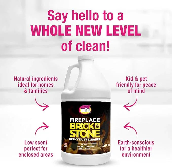 Quick 'n Brite Fireplace Brick and Stone Cleaner 64oz - Natural Stone, Tile, and Marble Cleaner with Scrub Brush - Indoor Fireplace and Wood Stove Cleaning Kit - Pellet Stove Creosote Remover - NeatNest