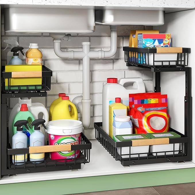 Pull out Cabinet Organizer, 2 Tier Under Sink Organizer, Slide out Metal Kitchen Cabinet Organizers Drawer Shelf, Sliding Storage Shelves for Kitchen Bathroom Pantry Cabinet Closet Organization Rack - NeatNest