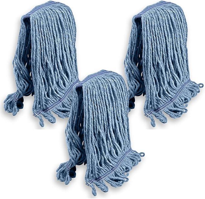 KLEEN HANDLER General Cleaning Mop Heavy Duty Commercial Replacement, Wet Industrial Blue Cotton Looped End String Head Refill (Pack of 3) - NeatNest