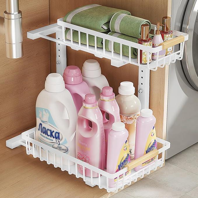 2 Pack 2 Tiers Pull Out Under Sink Organizers, Metal Kitchen Storage Shelf, Pull Out Under Sink Storage Rack, Multi-purpose Under Sink Shelf Organizer for Under Sink Cabinet Bathroom Kitchen (White) - NeatNest