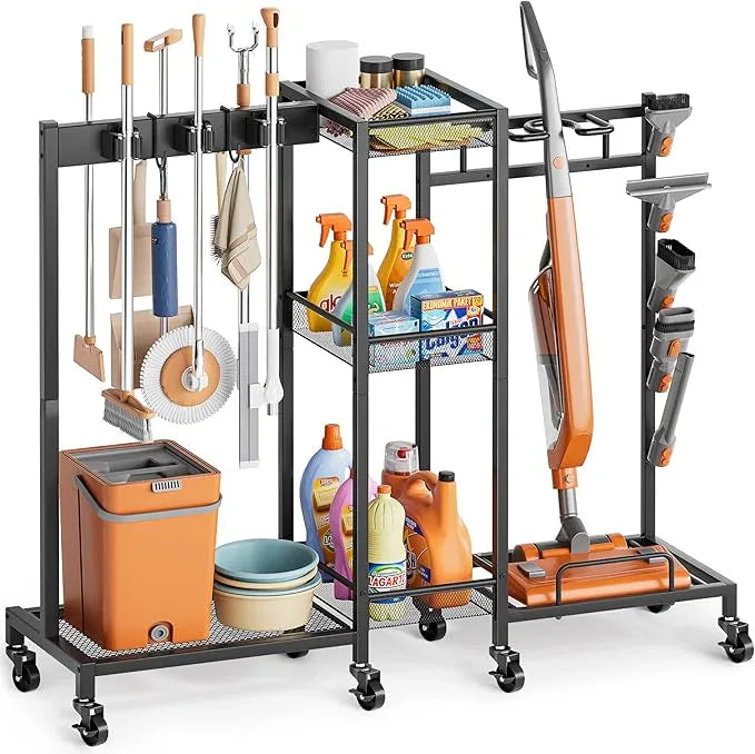 Broom Holder with Cleaning Supplies Organizer, Broom Closet Storage Cabinet with Cleaning Caddy Vacuum Stand, Cleaning Cart with Mop Hanger Gripper Rack Hook, Laundry Room Organization Home Essentials - NeatNest