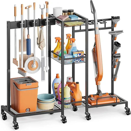Broom Holder with Cleaning Supplies Organizer, Broom Closet Storage Cabinet with Cleaning Caddy Vacuum Stand, Cleaning Cart with Mop Hanger Gripper Rack Hook, Laundry Room Organization Home Essentials - NeatNest