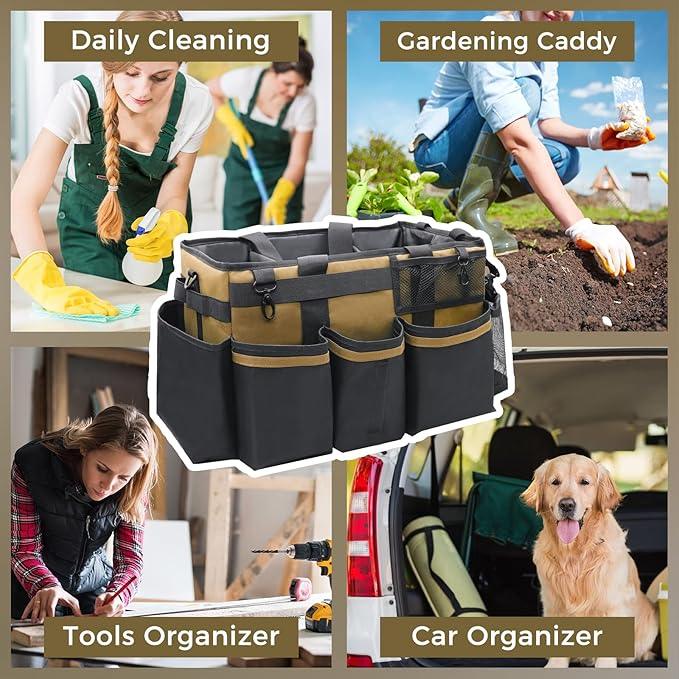 Wearable Cleaning Caddy Organizer with Handle & Shoulder Straps for Housekeepers, Under Sink & Car Cleaning Tool Organizer Bag with 4 Foldable Dividers (Tan) - NeatNest