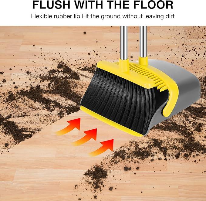 NACENA Broom and Dustpan Set, 52-in Long Adjustable Handle Broom Dustpan Combo with Dustpan Teeth to Automatically Clean Hair Suitable for Home Kitchen Office Hall Floor (Grey&Yellow), 4 Pack - NeatNest