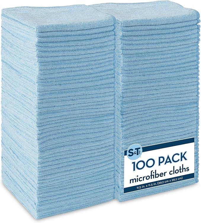 S&T INC. 100 Pack Microfiber Cleaning Cloth, Bulk Towels for Home, Reusable Microfiber Towels for Cars, Cleaning Rags, Light Blue, 11.5 Inches x 11.5 Inches, 100 Count - NeatNest