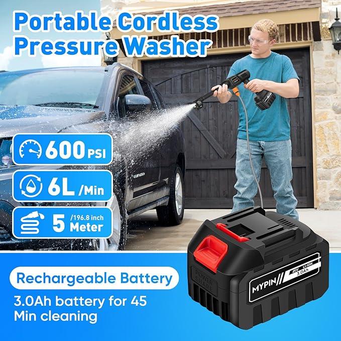 Portable Cordless Pressure Washer, 600 PSI 3.0Ah Rechargeable Battery Powered Pressure Washer, 6-in-1 Nozzle with Standard Nozzle for Car Floor Wall Fence Cleaning, Pet Cleaning - NeatNest