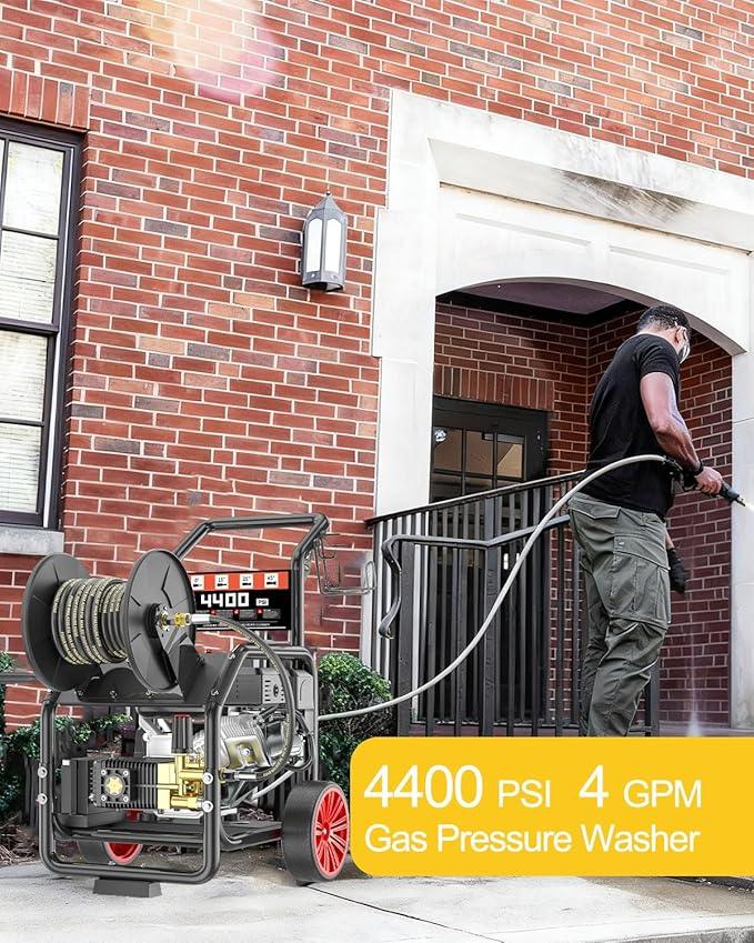 4400 PSI Gas Pressure Washer, Electric Start 296cc 15HP Engine 4GPM, Commercial Pressure Washers Includes Hose Reel, 50 FT 3/8 inch Hose, 5 Quick Connect Nozzles, Spray Gun and Wand - NeatNest