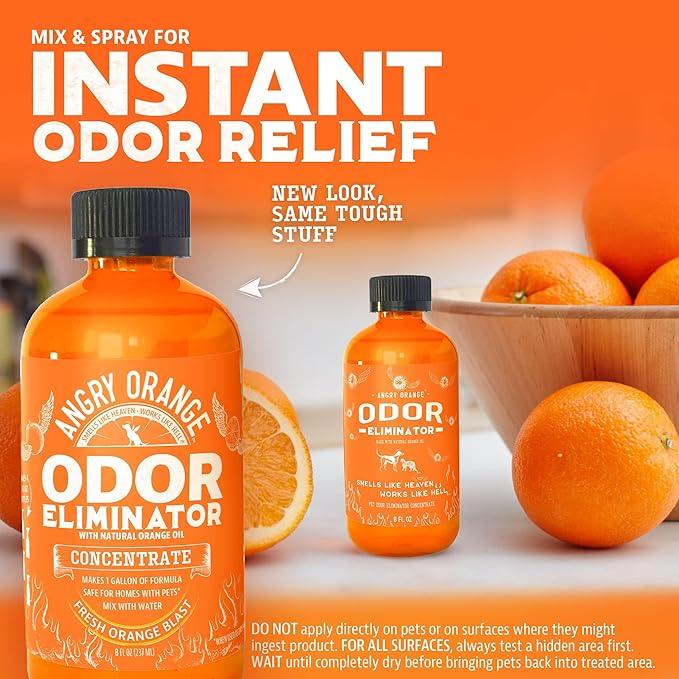 Angry Orange Pet Odor Eliminator for Home - 8oz Dog and Cat Pee Smell Remover for Carpet, Grass, Tile and Furniture - Citrus Concentrate, Makes 128oz of Liquid - NeatNest