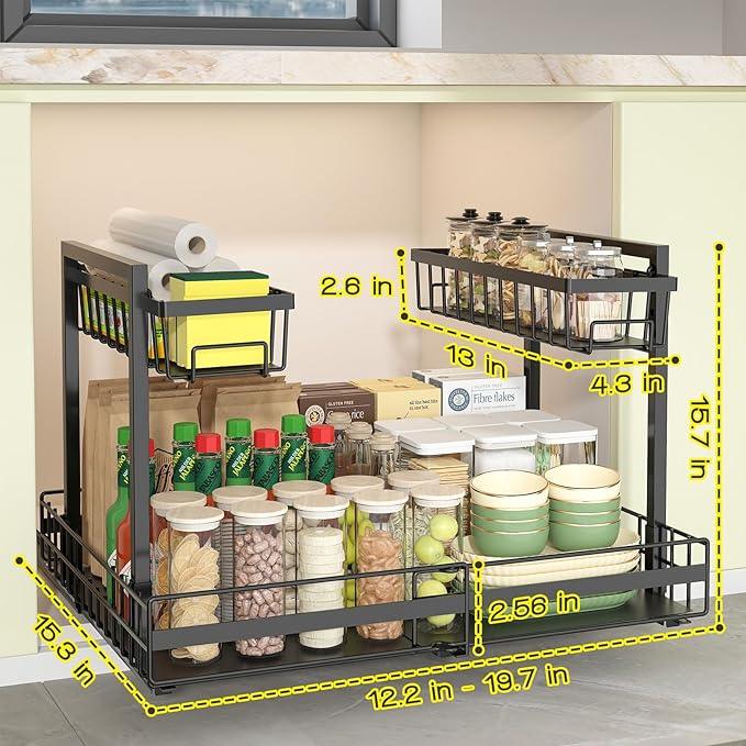 NADAMOO Expandable Under Sink Organizer 2-Tier Black Metal Storage Shelf, Adjustable Under Cabinet Organizer for Kitchen & Bathroom, Space-Saving Rack for Cleaning Supplies & Laundry Essentials - NeatNest