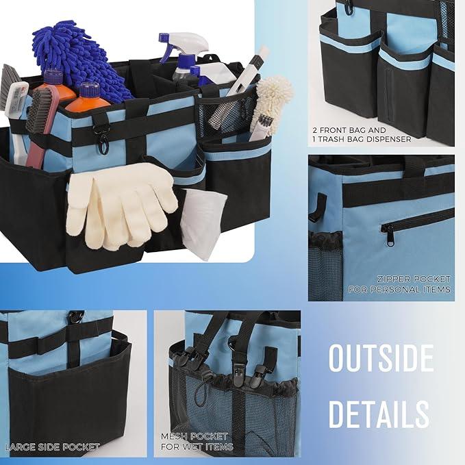Wearable Cleaning Caddy, Cleaning Caddy Supplies Organizer with Handle & Shoulder Straps for Housekeepers, Under Sink & Car Cleaning Tool Organizers Bag with 4 Foldable Divider (Blue) - NeatNest
