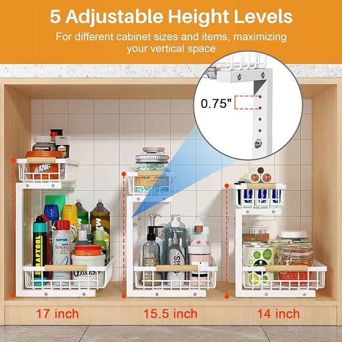 REALINN Under Sink Organizer, Height Adjustable Under Sink Organizers and Storage, 2 Tier Pull Out Drawer Cabinet Storage for Kitchen Bathroom, 2 Pack, White - NeatNest