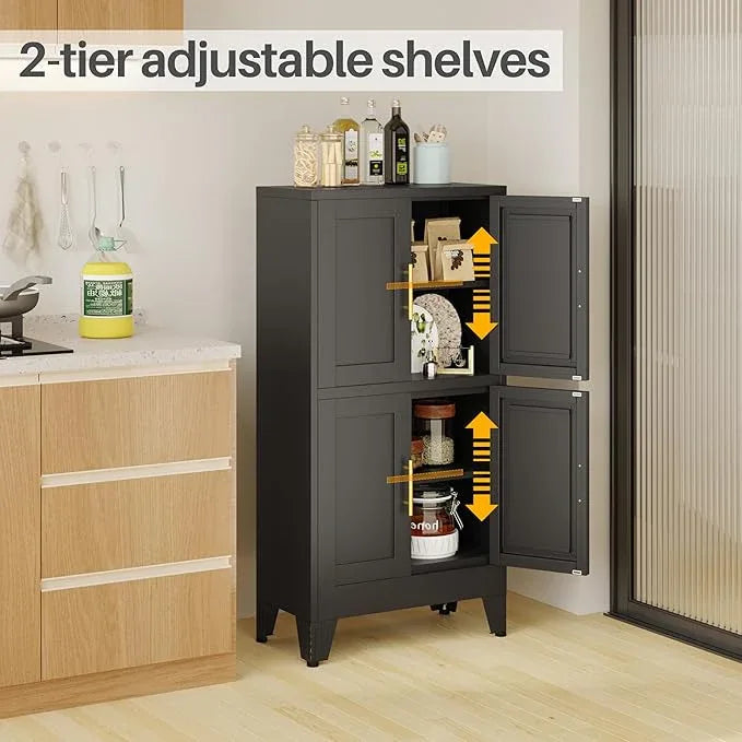 47“H Black Metal Bathroom Storage Cabinet, Kitchen Pantry Cabinet with Doors and 3 Adjustable Shelves, Bathroom cabinets Organizer, for Home Office, Bedroom - NeatNest