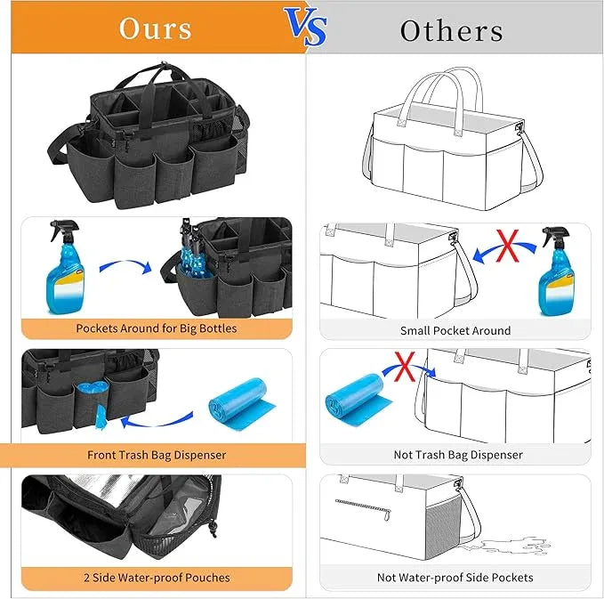 LoDrid Wearable Cleaning Caddy Bag with 4 Foldable Dividers, Cleaning Supply Organizer with Shoulder Strap and Side Handles for Cleaners & Housekeepers, Black - NeatNest