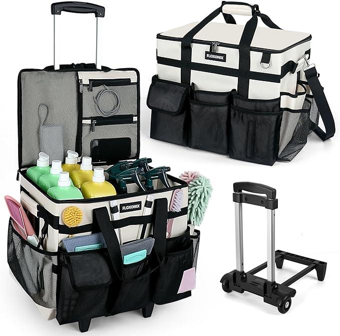 Large Rolling Cleaning Caddy Bag with Wheels, with Detachable Trolley, Cleaning Bags on Wheels for Housekeepers, Cleaning Cart Supplies Organizer for Home, Car, Picnic (Beige) - NeatNest
