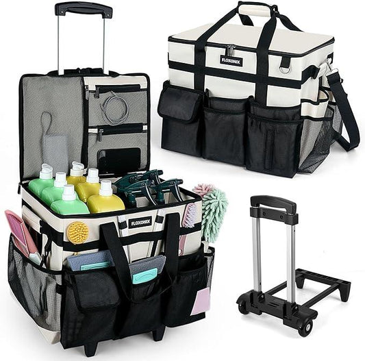 Large Rolling Cleaning Caddy Bag with Wheels, with Detachable Trolley, Cleaning Bags on Wheels for Housekeepers, Cleaning Cart Supplies Organizer for Home, Car, Picnic (Beige) - NeatNest