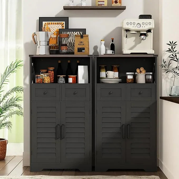 ChooChoo Farmhouse Storage Cabinet, Bathroom Floor Cabinet with Doors and Drawers, Kitchen Pantry Cabinet for Living Room, Laundry, Black - NeatNest