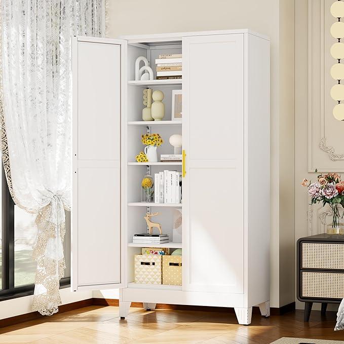 White Metal Storage Cabinet,75" Steel Cabinets for Home Office, Kitchen Pantry Storage Cabinet with Doors and 5 Adjustable Shelves, Tool Cabinets, for Office, Home, Garage, School, 36" W - NeatNest