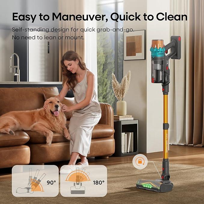 ElecKeys Cordless Vacuum Cleaner, 600W 50KPA 70Mins Self-Standing Vacuum Cleaners for Home, Stick Vacuum with Touch Screen, Upgraded Anti-Tangled Vacuum Cordless for Pet Hair, Floors, Carpets, Gold - NeatNest
