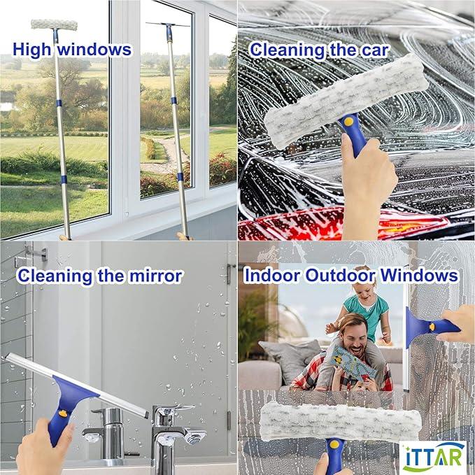ITTAR Rotatable Window Washing Kit, Window Cleaner Squeegee with 60" Extension Pole, Rubber Squeegee & 2 Microfiber Scrubber Combo, Window Washing Equipment for Cleaning Shower, Windows, Car Glass - NeatNest