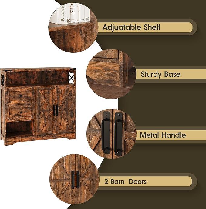 Fameill Farmhouse Storage Cabinet with Drawers and Open Storage,Freestanding Kitchen Pantry with 2 Barn Doors, Floor Cabinet with Adjustable Shelf for Living Room,Brown - NeatNest