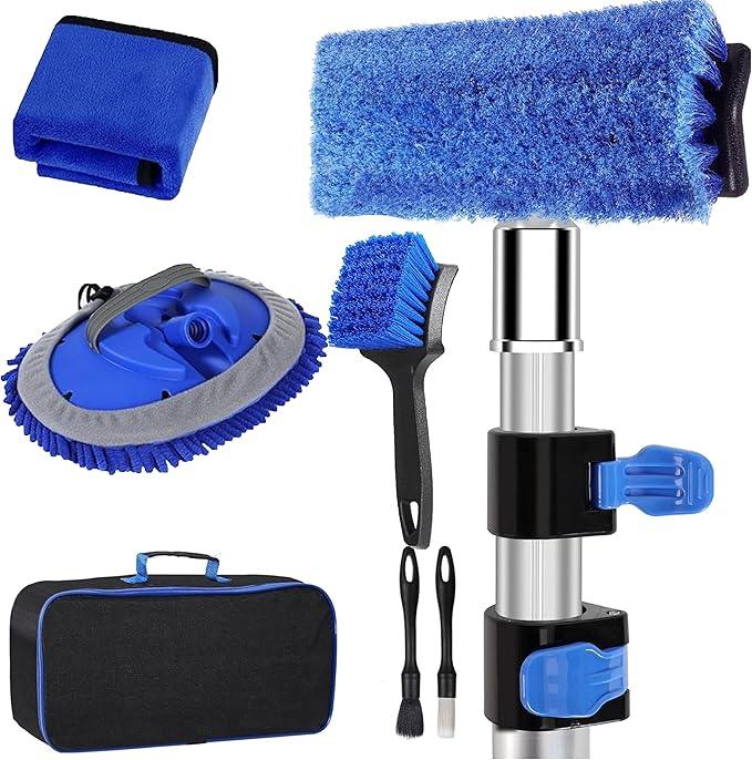 5-12ft Car Wash Kit,8 Piece,Thickened Aluminum Telescopic Rod,Cleaning Brush,Tire Brush,180 ° Chenille Mop,Fiber Towel,Storage Bag,2-Piece Detail Brush,Car,RV,Truck Clean Kit - NeatNest