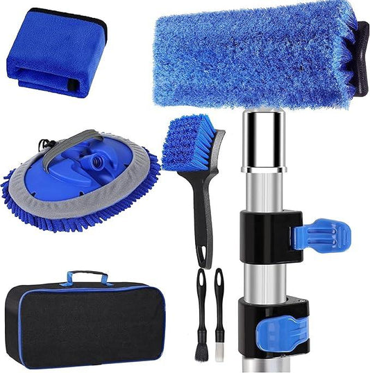 5-12ft Car Wash Kit,8 Piece,Thickened Aluminum Telescopic Rod,Cleaning Brush,Tire Brush,180 ° Chenille Mop,Fiber Towel,Storage Bag,2-Piece Detail Brush,Car,RV,Truck Clean Kit - NeatNest