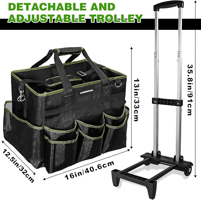 Large Rolling Cleaning Caddy Bag, Cleaning Caddy with Wheels with Detachable Trolley for Housekeepers, Water Resistant Cleaner Supplies Organizer with Wheels for Kitchen, Car, Picnic(Black-Green) - NeatNest