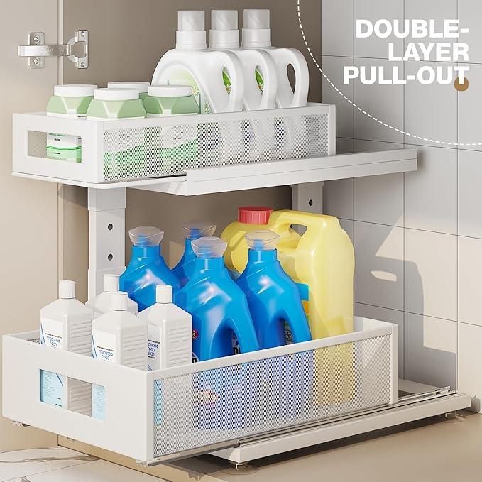 2 Pack Under Sink Organizer With Next-Gen Ball-Bearing Slides,2-Tier Pull Out Cabinet Storage,Height Adjustable Drawer Shelf for Bathroom,Kitchen,Laundry,Cabinet,Pantry(Patent Pending) - NeatNest