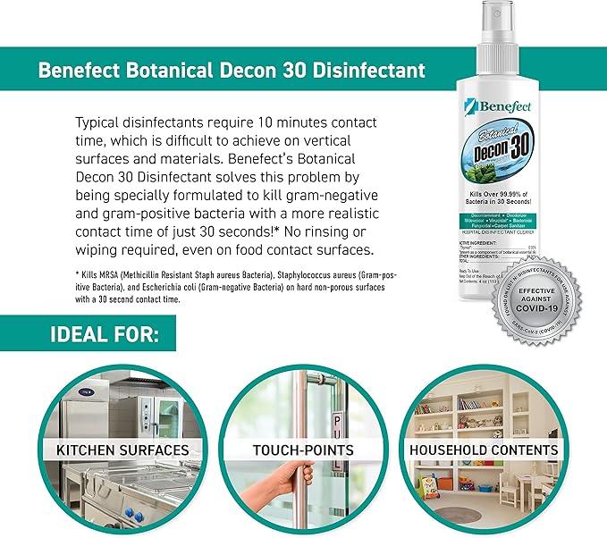 Benefect Botanical Decon 30 Disinfectant Cleaner, 4 oz. Spray Bottle, Light Lemon & Thyme Scent, Hospital Grade Disinfectant, Kills Over 99.99% of Germs, Safe for Food-Contact Surfaces - NeatNest
