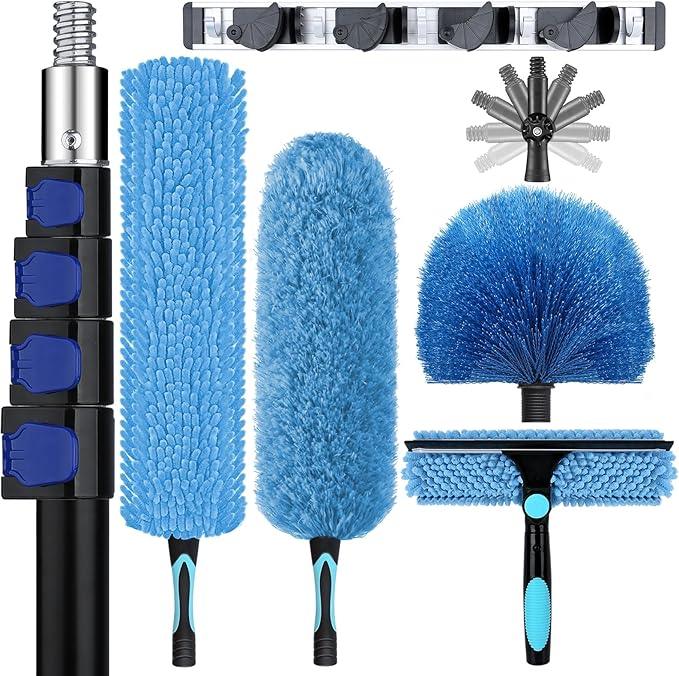 30ft High Ceiling Duster Kits with 5-24ft Heavy Duty Extension Pole - Fan Blade Cleaner, Cobweb Remover & Blue Window Squeegee Kit, Washable Dust Brush for High Roof and Glass Surfaces - NeatNest