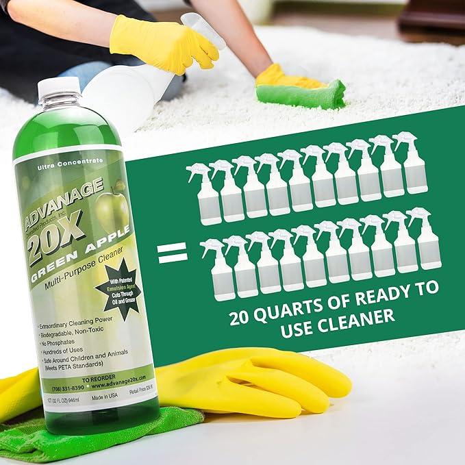 Advanage 20X All Purpose Cleaner Concentrate – Green Apple Eco-Friendly Heavy Duty Degreaser, Multisurface Cleaner for Bathroom, Kitchen, Floors, Household Cleaning Supplies, Made in USA, 32 Fl Oz - NeatNest