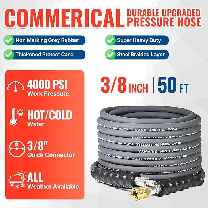 YAMATIC Pressure Washer Hose 50 FT, 3/8" Non-Marking Hot Water Use, 4000 PSI Steel Wire Braided Rubber Jacket – Replacement Power Washer Hose for Commercial Use - NeatNest