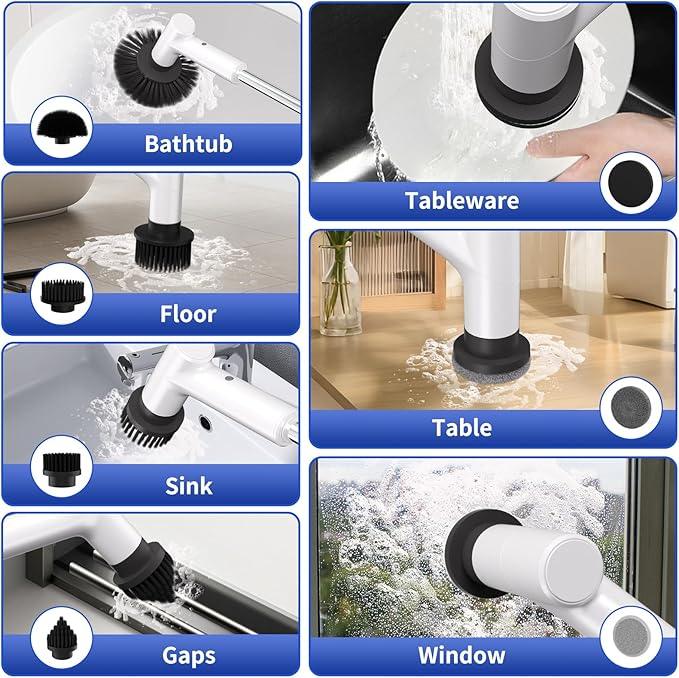 Electric Spin Scrubber, Cordless Shower Scrubber with 7 Replacement Brush Heads, IPX5 Waterproof Bathroom Scrubber with Adjustable Handle, 2 Speed Power Cleaning Brush for Cleaning - NeatNest