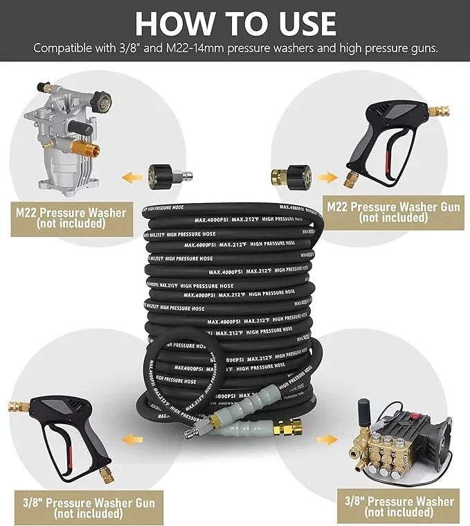 Pressure Washer Hose 200FT 4000 PSI, Kink Resistant Steel Braided Layer & NonMarking Rubber for Hot/Cold Water, High Power Washer Hose With 3/8 Inch Quick Connect & M22 Fitting, Black - NeatNest