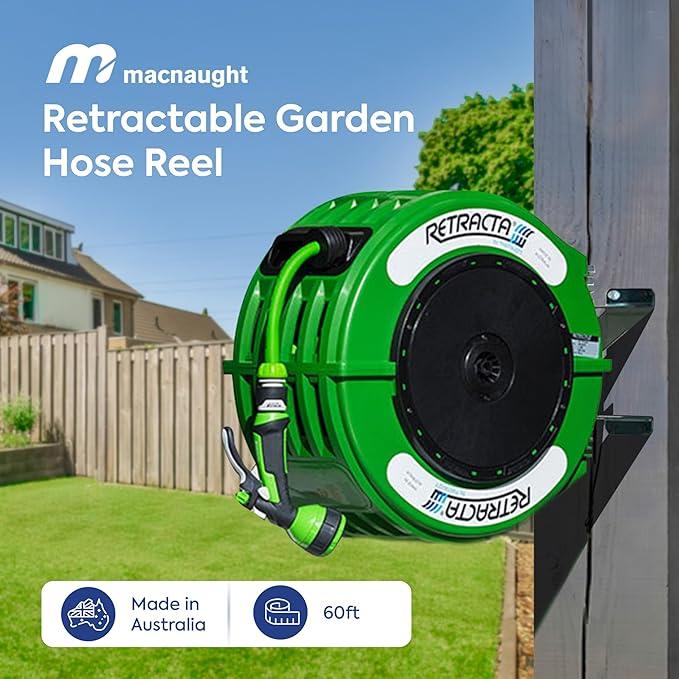 Macnaught Retractable Garden Hose Reel, 60 Ft Water Hose Reel Heavy Duty Retractable Hose with Metal 180° Swivel Rotation Bracket for Wall Mount - Green - NeatNest