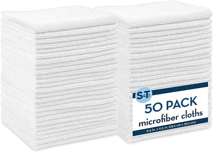 S&T INC. 50 Pack Microfiber Cleaning Cloth, Bulk Towels for Home, Reusable Microfiber Towels for Cars, Cleaning Rags, White, 11.5 Inches x 11.5 Inches, 50 Count - NeatNest