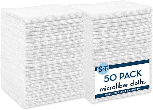 S&T INC. 50 Pack Microfiber Cleaning Cloth, Bulk Towels for Home, Reusable Microfiber Towels for Cars, Cleaning Rags, White, 11.5 Inches x 11.5 Inches, 50 Count - NeatNest
